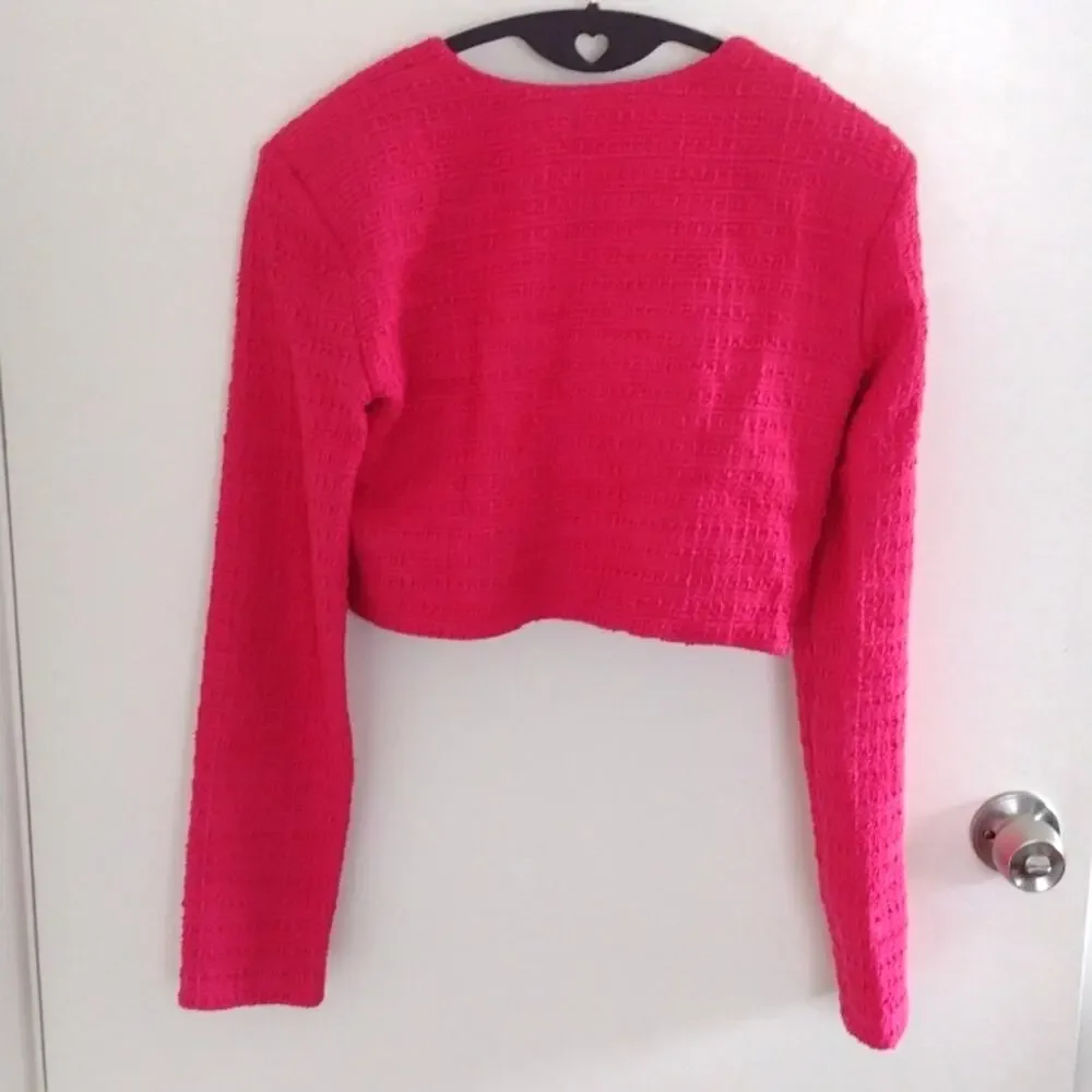 NWT Zara Blogger Favorite Fuchsia Pink Tweed Jewel Button Crop Top Jacket M